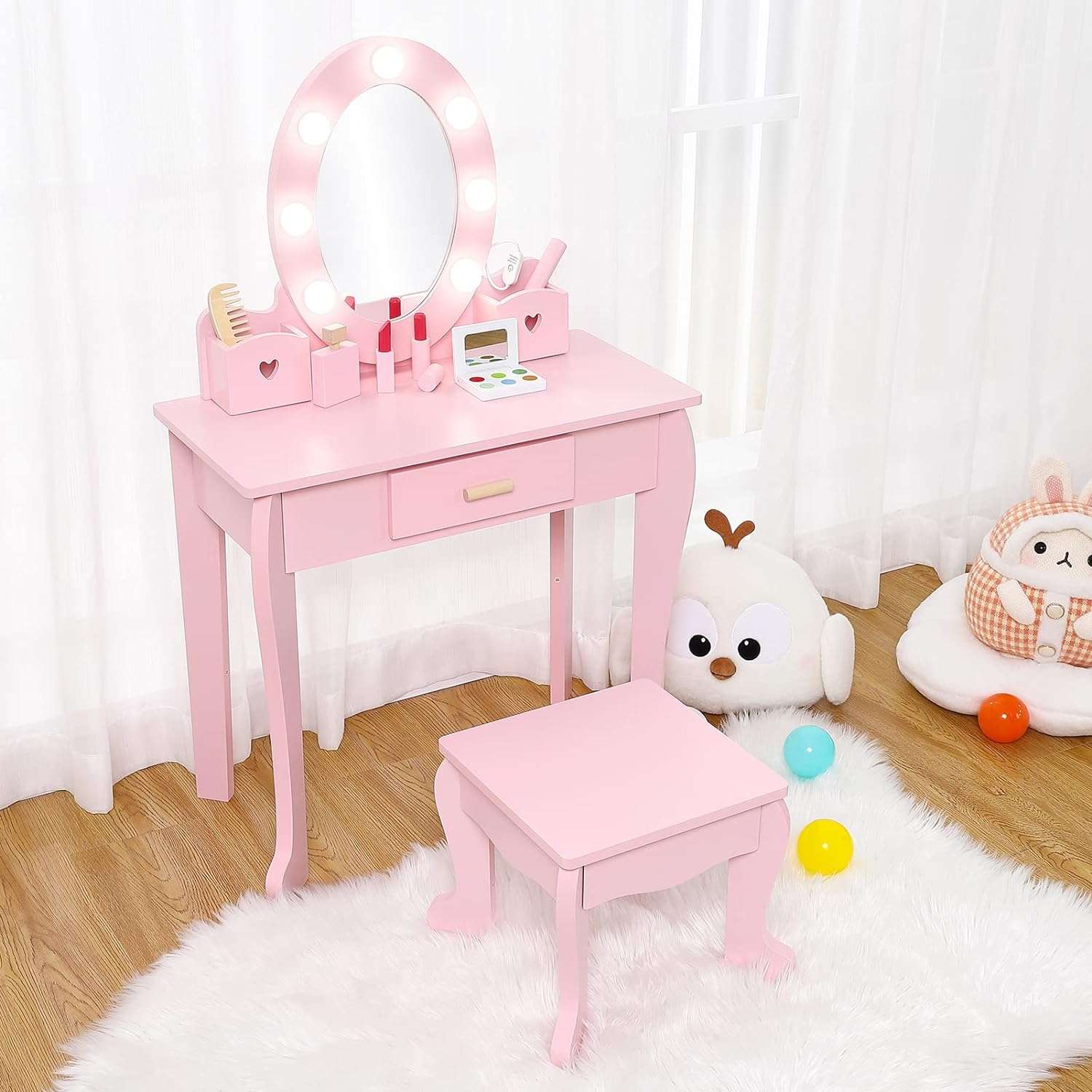 Bophy Girls' Vanity Table and Chair Set, Kids Makeup Dressing Table with Lights & Wood Makeup Playset, Kids Vanity Set with Mirror & Drawer for Age 4-9, Pink - 1