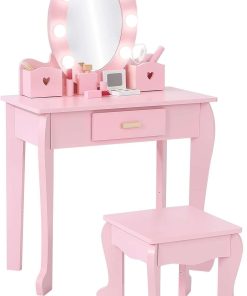 Bophy Girls' Vanity Table and Chair Set, Kids Makeup Dressing Table with Lights & Wood Makeup Playset, Kids Vanity Set with Mirror & Drawer for Age 4-9, Pink - 2