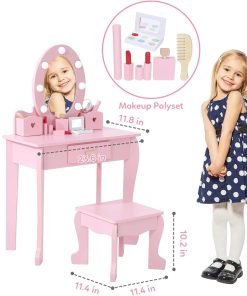 Bophy Girls' Vanity Table and Chair Set, Kids Makeup Dressing Table with Lights & Wood Makeup Playset, Kids Vanity Set with Mirror & Drawer for Age 4-9, Pink - 3