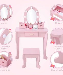 Bophy Girls' Vanity Table and Chair Set, Kids Makeup Dressing Table with Lights & Wood Makeup Playset, Kids Vanity Set with Mirror & Drawer for Age 4-9, Pink - 6