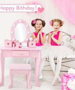 Bophy Girls' Vanity Table and Chair Set, Kids Makeup Dressing Table with Lights & Wood Makeup Playset, Kids Vanity Set with Mirror & Drawer for Age 4-9, Pink - 7
