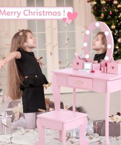 Bophy Girls' Vanity Table and Chair Set, Kids Makeup Dressing Table with Lights & Wood Makeup Playset, Kids Vanity Set with Mirror & Drawer for Age 4-9, Pink - 8