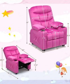 COSTWAY Larger Kids Recliner Chair, Adjustable Lounge Recliner w- 2 Cup Holders, 1 Side Pocket, 2 Front Pockets, Footrest, Velvet Fabric Recliner for Boys & Girls, Ideal for Bedroom - 3