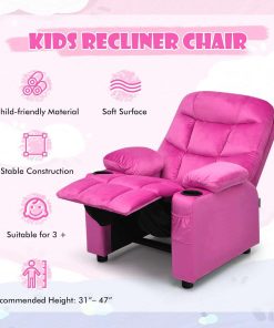 COSTWAY Larger Kids Recliner Chair, Adjustable Lounge Recliner w- 2 Cup Holders, 1 Side Pocket, 2 Front Pockets, Footrest, Velvet Fabric Recliner for Boys & Girls, Ideal for Bedroom - 8