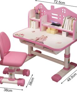 Children Learning Desk and Chair Set Pink Desk Set Height Adjustable with Drawers and Storage Compartments Curved Desktop Cartoon Learning Desks and Chairs Reading-Learning-Writing for Girls - 2