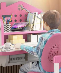 Children Learning Desk and Chair Set Pink Desk Set Height Adjustable with Drawers and Storage Compartments Curved Desktop Cartoon Learning Desks and Chairs Reading-Learning-Writing for Girls - 4