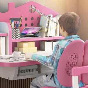 Children Learning Desk and Chair Set Pink Desk Set Height Adjustable with Drawers and Storage Compartments Curved Desktop Cartoon Learning Desks and Chairs Reading-Learning-Writing for Girls - 4