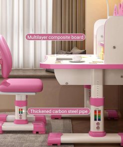 Children Learning Desk and Chair Set Pink Desk Set Height Adjustable with Drawers and Storage Compartments Curved Desktop Cartoon Learning Desks and Chairs Reading-Learning-Writing for Girls - 5