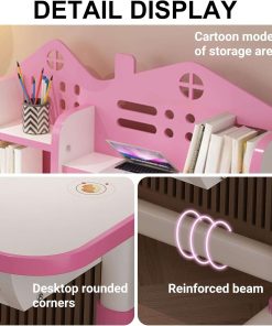 Children Learning Desk and Chair Set Pink Desk Set Height Adjustable with Drawers and Storage Compartments Curved Desktop Cartoon Learning Desks and Chairs Reading-Learning-Writing for Girls - 6