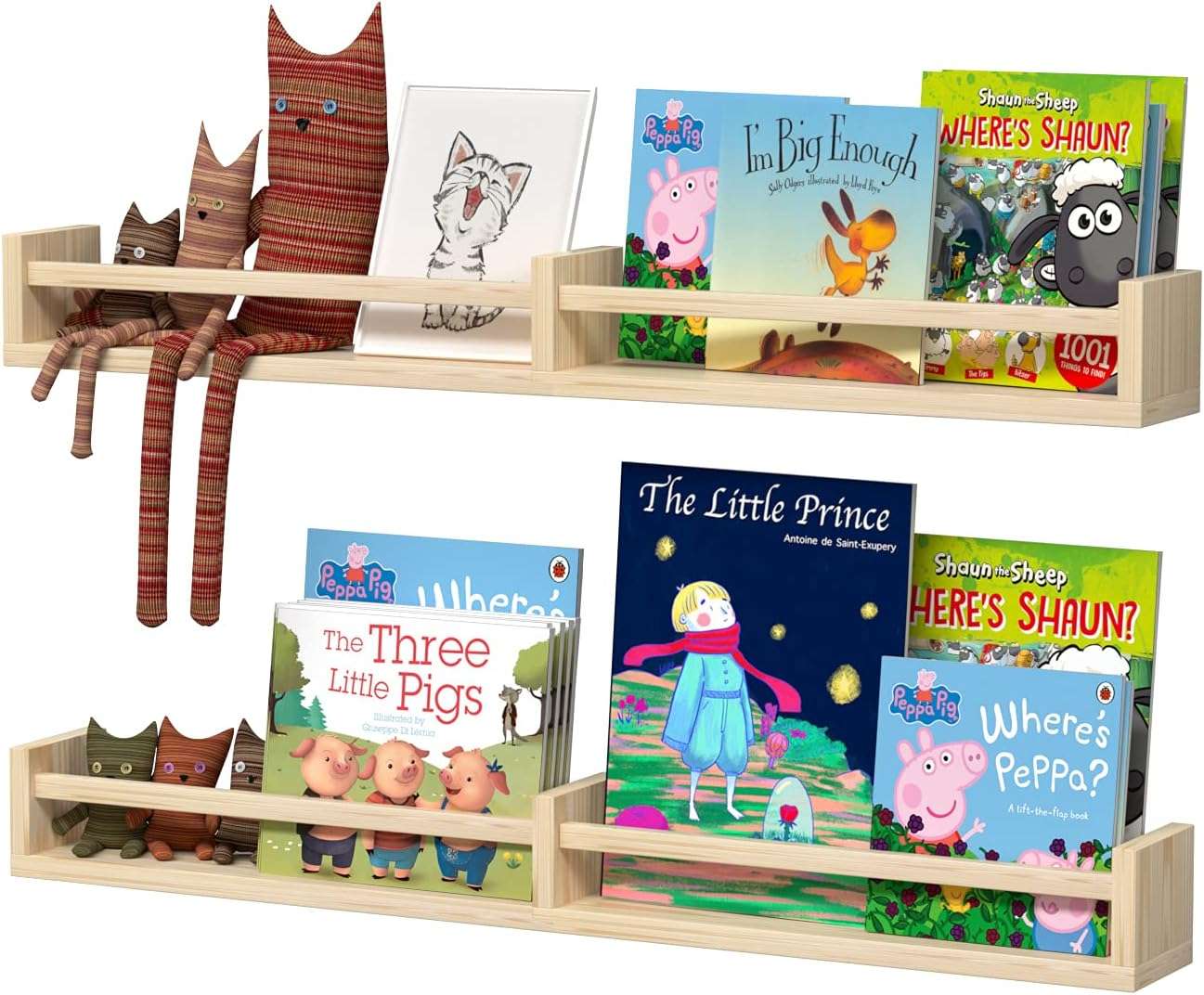 Classic Nursery Shelves, Set of 2 Natural Wood Floating Book Shelves for Kids Room, Wall Shelves for Bathroom Decor, Kitchen Spice Rack, Book Shelf Organizer for Baby Nursery Décor (32Lx4W) - 1