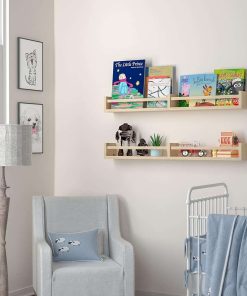 Classic Nursery Shelves, Set of 2 Natural Wood Floating Book Shelves for Kids Room, Wall Shelves for Bathroom Decor, Kitchen Spice Rack, Book Shelf Organizer for Baby Nursery Décor (32Lx4W) - 2