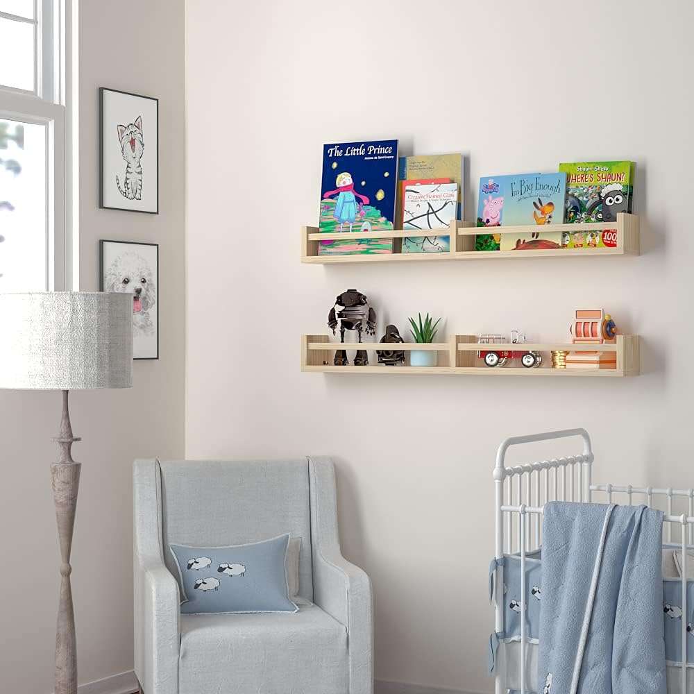 Classic Nursery Shelves, Set of 2 Natural Wood Floating Book Shelves for Kids Room, Wall Shelves for Bathroom Decor, Kitchen Spice Rack, Book Shelf Organizer for Baby Nursery Décor (32Lx4W) - 2