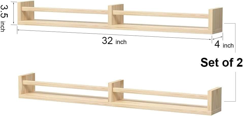 Classic Nursery Shelves, Set of 2 Natural Wood Floating Book Shelves for Kids Room, Wall Shelves for Bathroom Decor, Kitchen Spice Rack, Book Shelf Organizer for Baby Nursery Décor (32Lx4W) - 3
