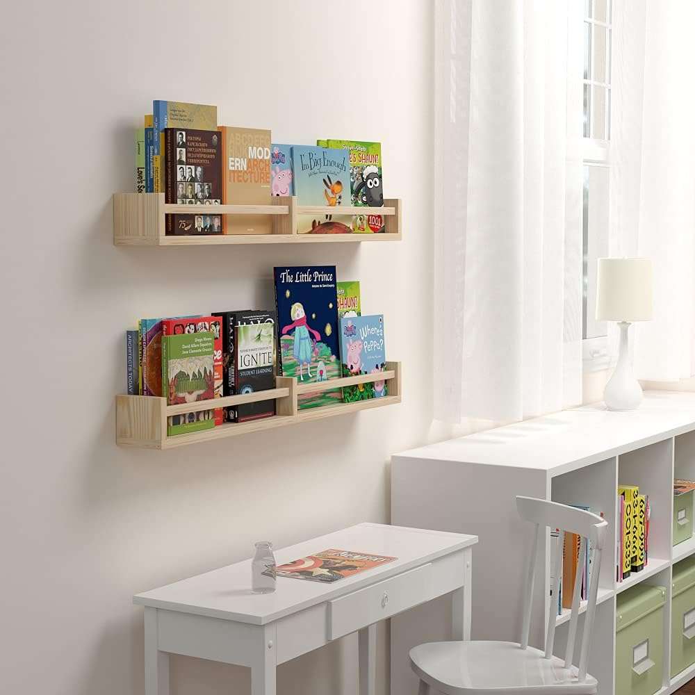 Classic Nursery Shelves, Set of 2 Natural Wood Floating Book Shelves for Kids Room, Wall Shelves for Bathroom Decor, Kitchen Spice Rack, Book Shelf Organizer for Baby Nursery Décor (32Lx4W) - 4