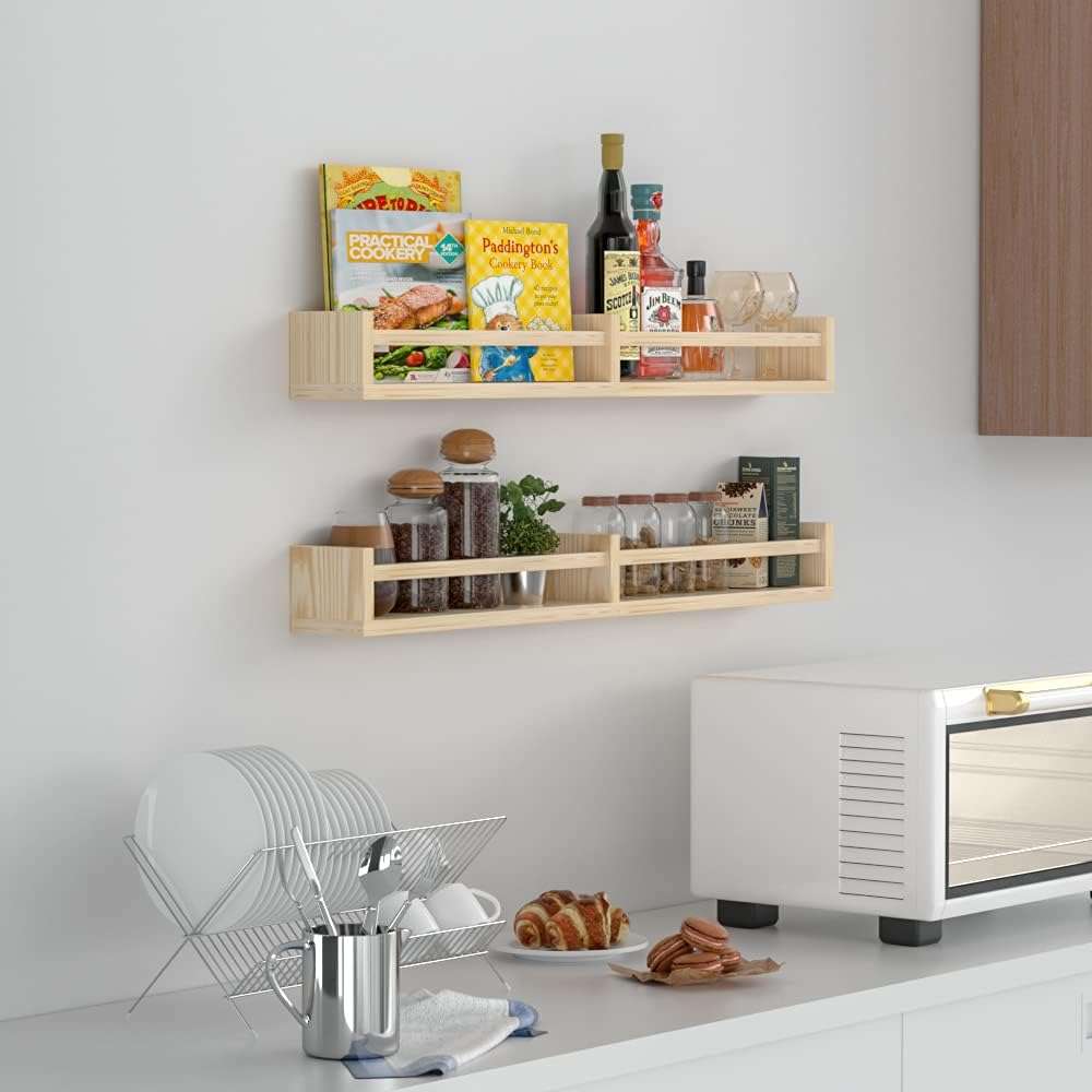 Classic Nursery Shelves, Set of 2 Natural Wood Floating Book Shelves for Kids Room, Wall Shelves for Bathroom Decor, Kitchen Spice Rack, Book Shelf Organizer for Baby Nursery Décor (32Lx4W) - 6