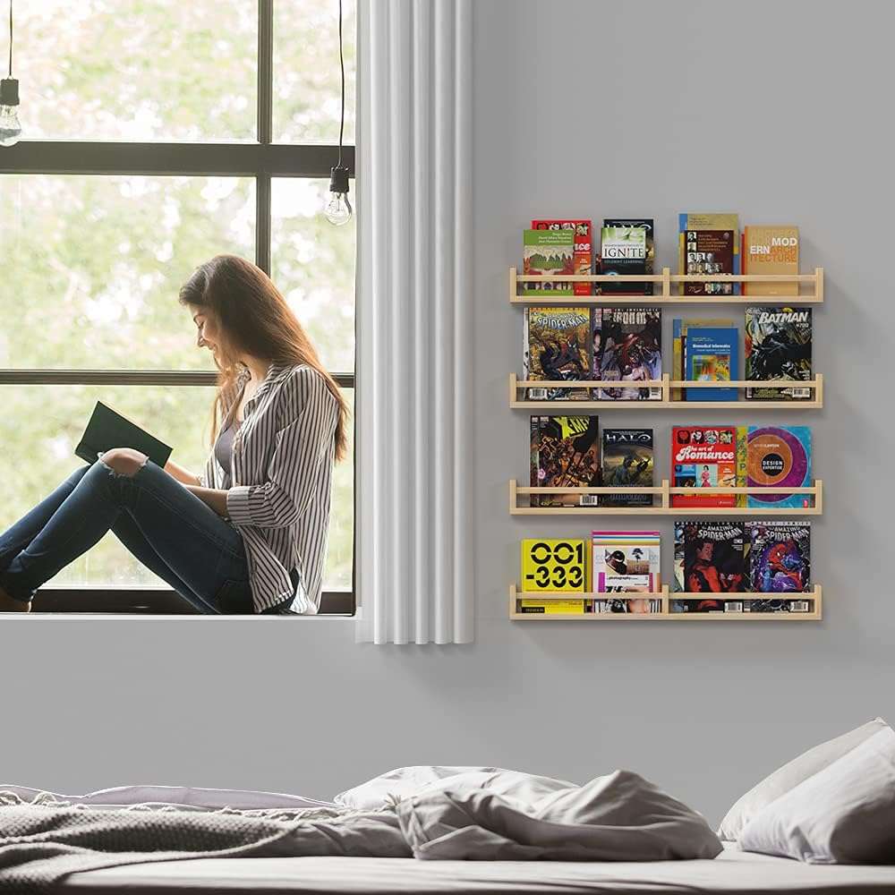 Classic Nursery Shelves, Set of 2 Natural Wood Floating Book Shelves for Kids Room, Wall Shelves for Bathroom Decor, Kitchen Spice Rack, Book Shelf Organizer for Baby Nursery Décor (32Lx4W) - 7