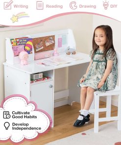 Costzon Kids Desk and Chair Set, Wooden Children Study Table with Hutch, Cabinet, Bulletin Board, Student Computer Workstation Writing Table for Bedroom, Study Room, Gift for Boys Girls 3+ (White) - 2