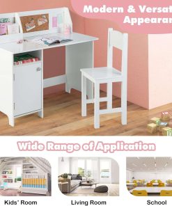Costzon Kids Desk and Chair Set, Wooden Children Study Table with Hutch, Cabinet, Bulletin Board, Student Computer Workstation Writing Table for Bedroom, Study Room, Gift for Boys Girls 3+ (White) - 8