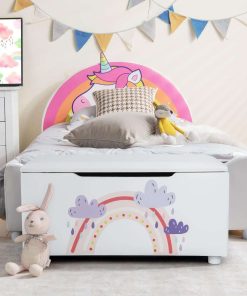Costzon Kids Toy Storage Bench, Upholstered Toy Organization Chest with Padded Cushion Seat, Carry Handles, Faux Leather Foot Rest Ottoman Stool for Playroom, Bedroom, Living Room - 2