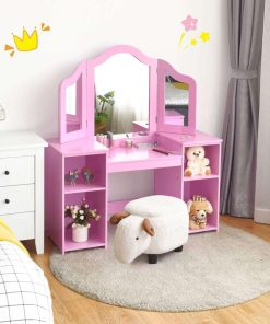 Costzon Kids Vanity, 2 in 1 Princess Makeup Desk Dressing Table with Detachable Top, Toddler Vanity with Tri-fold Mirror & Storage Shelves, Pretend Play Vanity for Little Girls, Pink - 2