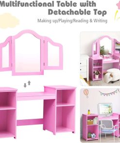 Costzon Kids Vanity, 2 in 1 Princess Makeup Desk Dressing Table with Detachable Top, Toddler Vanity with Tri-fold Mirror & Storage Shelves, Pretend Play Vanity for Little Girls, Pink - 3