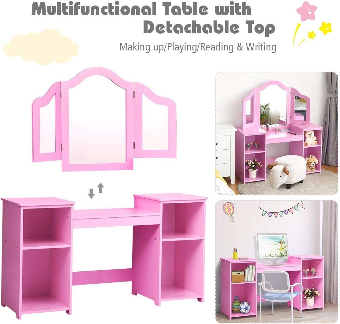 Costzon Kids Vanity, 2 in 1 Princess Makeup Desk Dressing Table with Detachable Top, Toddler Vanity with Tri-fold Mirror & Storage Shelves, Pretend Play Vanity for Little Girls, Pink - 3