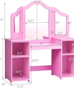 Costzon Kids Vanity, 2 in 1 Princess Makeup Desk Dressing Table with Detachable Top, Toddler Vanity with Tri-fold Mirror & Storage Shelves, Pretend Play Vanity for Little Girls, Pink - 5