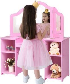 Costzon Kids Vanity, 2 in 1 Princess Makeup Desk Dressing Table with Detachable Top, Toddler Vanity with Tri-fold Mirror & Storage Shelves, Pretend Play Vanity for Little Girls, Pink - 6