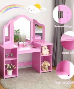Costzon Kids Vanity, 2 in 1 Princess Makeup Desk Dressing Table with Detachable Top, Toddler Vanity with Tri-fold Mirror & Storage Shelves, Pretend Play Vanity for Little Girls, Pink - 7