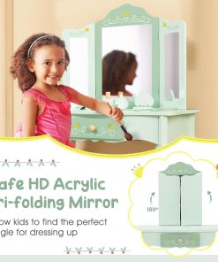 Costzon Kids Vanity Set, 2 in 1 Princess Makeup Dressing Table & Chair Set w-Detachable Tri-fold Mirror, Toddler Vanity with Drawer & Accessories, Pretend Play Vanity Set for Little Girls (Green) - 4