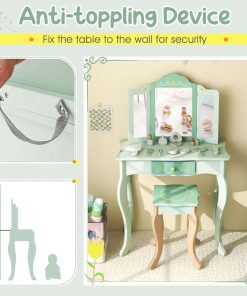 Costzon Kids Vanity Set, 2 in 1 Princess Makeup Dressing Table & Chair Set w-Detachable Tri-fold Mirror, Toddler Vanity with Drawer & Accessories, Pretend Play Vanity Set for Little Girls (Green) - 5
