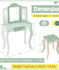 Costzon Kids Vanity Set, 2 in 1 Princess Makeup Dressing Table & Chair Set w-Detachable Tri-fold Mirror, Toddler Vanity with Drawer & Accessories, Pretend Play Vanity Set for Little Girls (Green) - 6