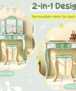 Costzon Kids Vanity Set, 2 in 1 Princess Makeup Dressing Table & Chair Set w-Detachable Tri-fold Mirror, Toddler Vanity with Drawer & Accessories, Pretend Play Vanity Set for Little Girls (Green) - 7