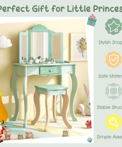 Costzon Kids Vanity Set, 2 in 1 Princess Makeup Dressing Table & Chair Set w-Detachable Tri-fold Mirror, Toddler Vanity with Drawer & Accessories, Pretend Play Vanity Set for Little Girls (Green) - 8