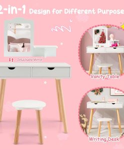 Costzon Kids Vanity Set, Girls Vanity Set with Mirror and Stool, 2 Large Drawers, Storage Shelf, Wooden Princess Makeup Dressing Table, Pretend Play Vanity Table and Chair Set for Toddlers, White - 2