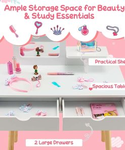Costzon Kids Vanity Set, Girls Vanity Set with Mirror and Stool, 2 Large Drawers, Storage Shelf, Wooden Princess Makeup Dressing Table, Pretend Play Vanity Table and Chair Set for Toddlers, White - 3