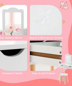 Costzon Kids Vanity Set, Girls Vanity Set with Mirror and Stool, 2 Large Drawers, Storage Shelf, Wooden Princess Makeup Dressing Table, Pretend Play Vanity Table and Chair Set for Toddlers, White - 4