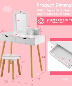 Costzon Kids Vanity Set, Girls Vanity Set with Mirror and Stool, 2 Large Drawers, Storage Shelf, Wooden Princess Makeup Dressing Table, Pretend Play Vanity Table and Chair Set for Toddlers, White - 6