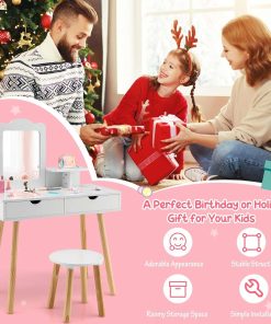 Costzon Kids Vanity Set, Girls Vanity Set with Mirror and Stool, 2 Large Drawers, Storage Shelf, Wooden Princess Makeup Dressing Table, Pretend Play Vanity Table and Chair Set for Toddlers, White - 7