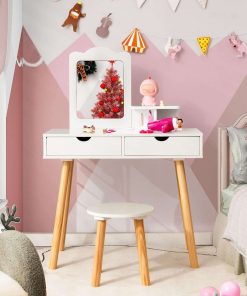 Costzon Kids Vanity Set, Girls Vanity Set with Mirror and Stool, 2 Large Drawers, Storage Shelf, Wooden Princess Makeup Dressing Table, Pretend Play Vanity Table and Chair Set for Toddlers, White - 8