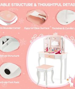 Costzon Kids Vanity Table and Chair Set, Girls Vanity Set with Mirror and Stool, Storage Drawer, Wooden Princess Makeup Dressing Table, Toddler Vanity, Pretend Play Vanity Set for Little Girls - 2
