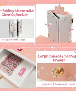 Costzon Kids Vanity Table and Chair Set, Girls Vanity Set with Mirror and Stool, Storage Drawer, Wooden Princess Makeup Dressing Table, Toddler Vanity, Pretend Play Vanity Set for Little Girls - 3