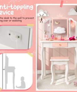 Costzon Kids Vanity Table and Chair Set, Girls Vanity Set with Mirror and Stool, Storage Drawer, Wooden Princess Makeup Dressing Table, Toddler Vanity, Pretend Play Vanity Set for Little Girls - 4