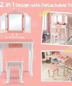 Costzon Kids Vanity Table and Chair Set, Girls Vanity Set with Mirror and Stool, Storage Drawer, Wooden Princess Makeup Dressing Table, Toddler Vanity, Pretend Play Vanity Set for Little Girls - 5