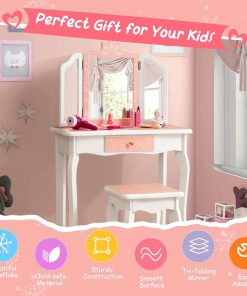 Costzon Kids Vanity Table and Chair Set, Girls Vanity Set with Mirror and Stool, Storage Drawer, Wooden Princess Makeup Dressing Table, Toddler Vanity, Pretend Play Vanity Set for Little Girls - 7