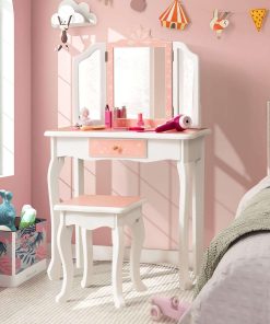 Costzon Kids Vanity Table and Chair Set, Girls Vanity Set with Mirror and Stool, Storage Drawer, Wooden Princess Makeup Dressing Table, Toddler Vanity, Pretend Play Vanity Set for Little Girls - 8