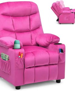Costzon Kids Velvet Recliner Chair with Cup Holder, Footrest & Side Pockets for Children Boys Girls Room, Adjustable, Ergonomic Toddler Furniture Sofa - 1