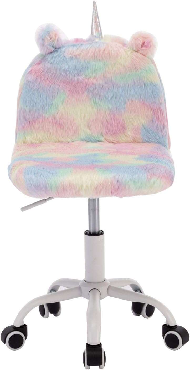 DM Furniture Cute Fuzzy Kids Chair Funny Rolling Study Desk Chair Colorful Girls Vanity Swivel Chair with White Foot - 1