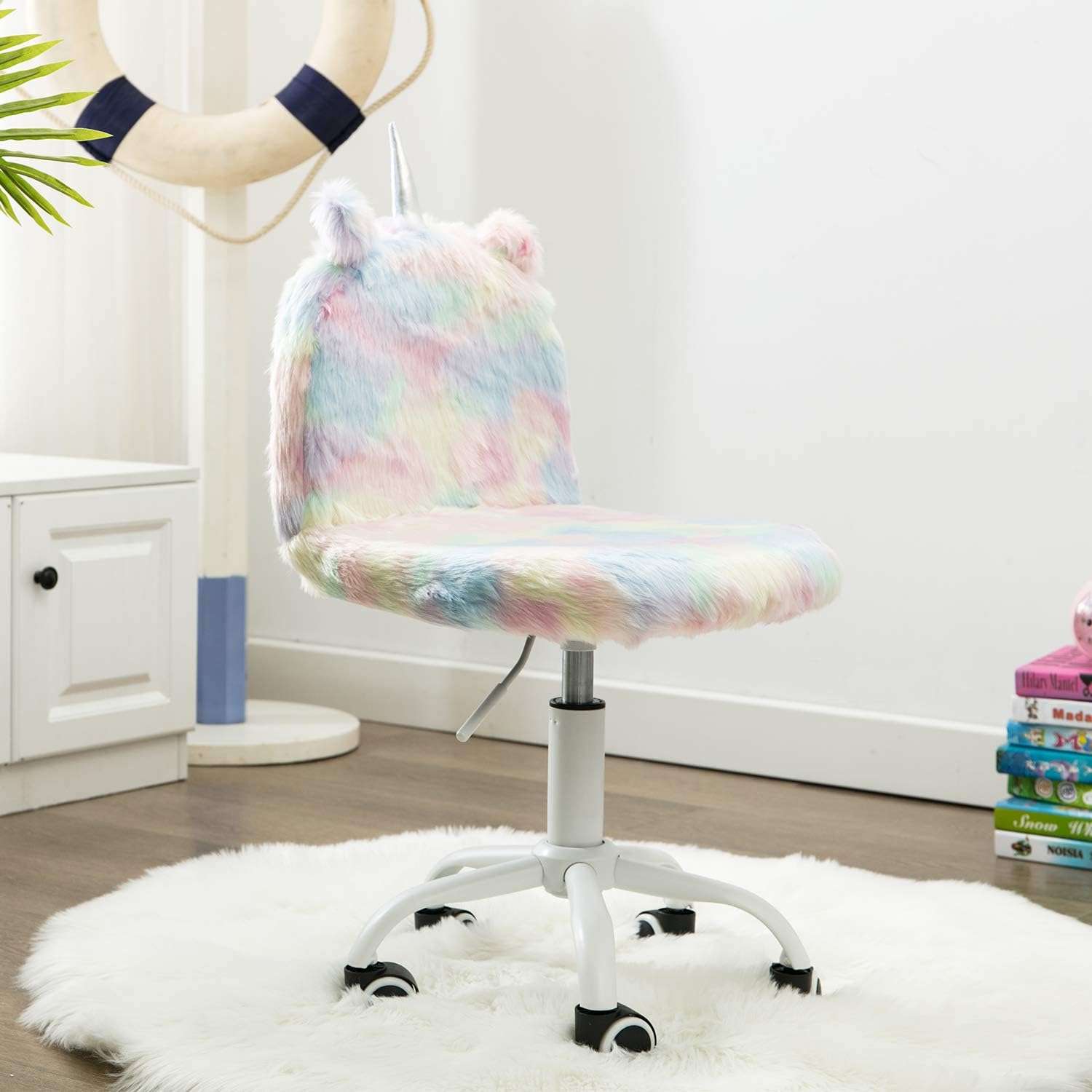 DM Furniture Cute Fuzzy Kids Chair Funny Rolling Study Desk Chair Colorful Girls Vanity Swivel Chair with White Foot - 2
