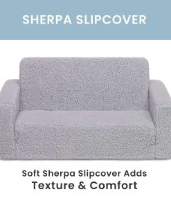 Delta Children Cozee Flip-Out Sherpa 2-in-1 Convertible Sofa to Lounger for Kids, Grey - 6